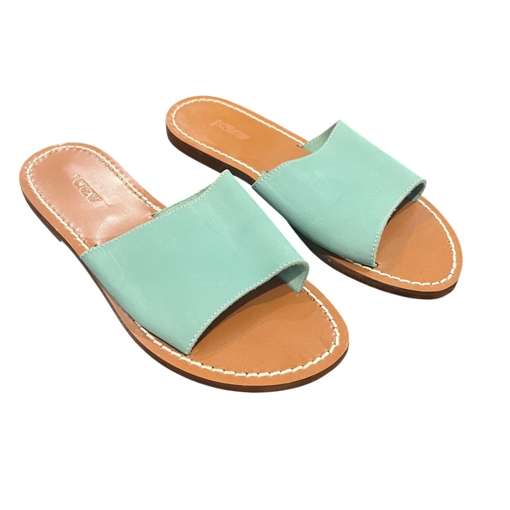 J.Crew Capri Slide Sandals Womens 7.5 Green Italian Leather Flat Summer Shoes‎